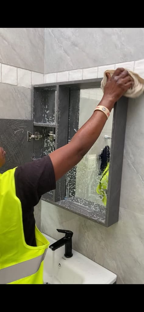 A Lavender cleaner cleaning a bathroom mirror and cabinet